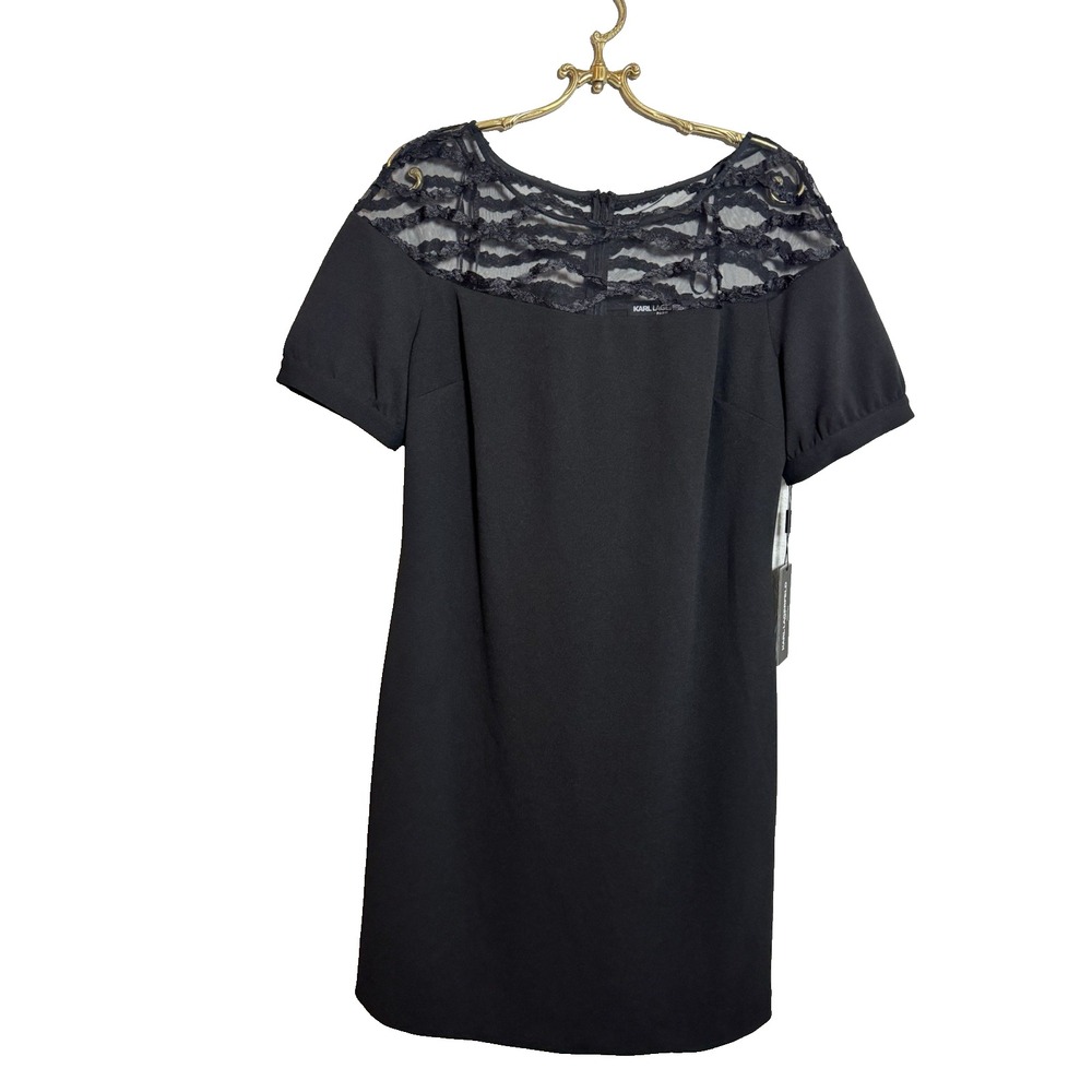 Karlβ Lagerfeld Paris Womens' Black Short Sleeve Dress Lace Neckline NEW 14
